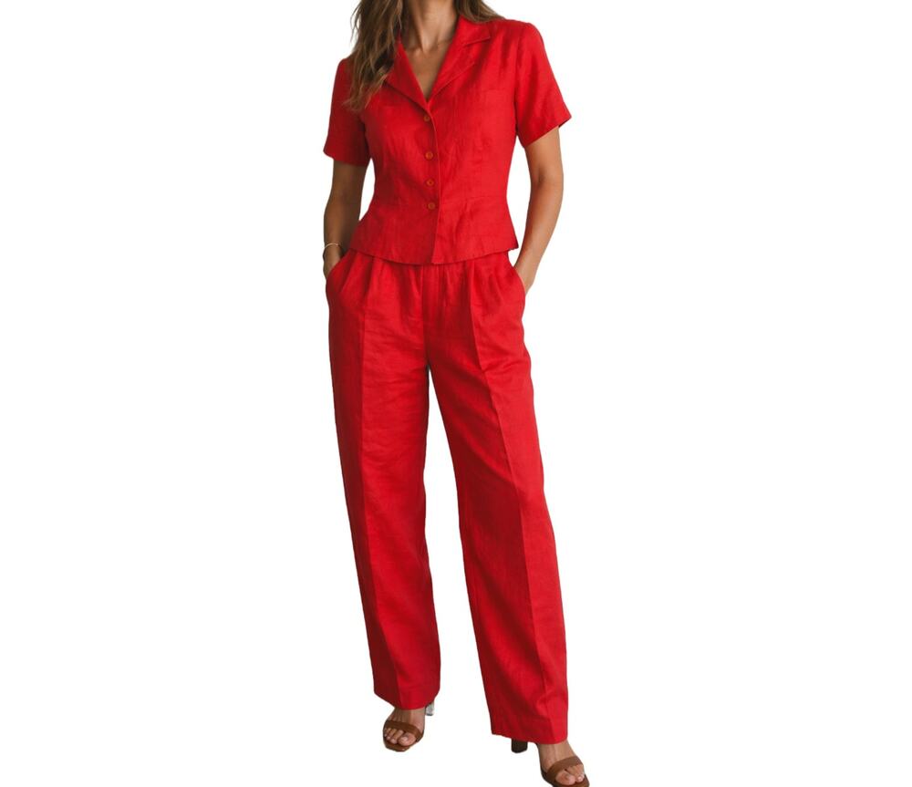 Vintage Red Linen Pant Suit Size 4 Tailored Blazer Trousers Coastal Chic Set